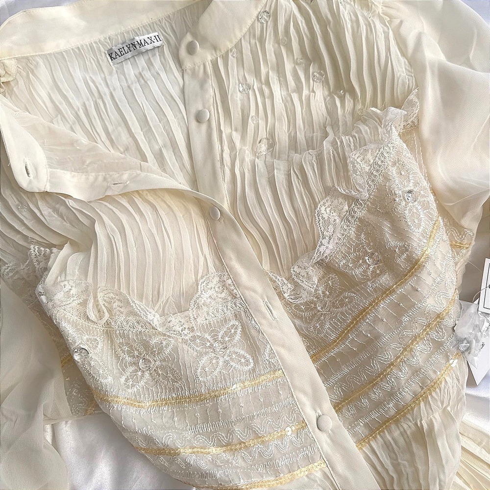 Kaelyn-Max-II Cream Pleated Lace Sequin Blouse Top 1X NWT Victorian Style